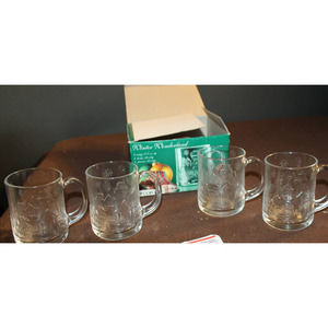 Vintage Arcoroc Embossed Glass Mugs Holiday Winter Wonderland